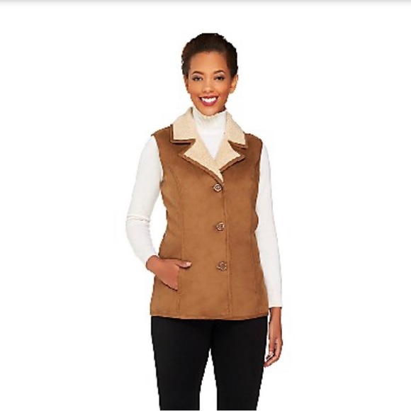 Denim & Co. Hunter Green Faux Shearling Button Front Vest Size Medium - Picture 10 of 13